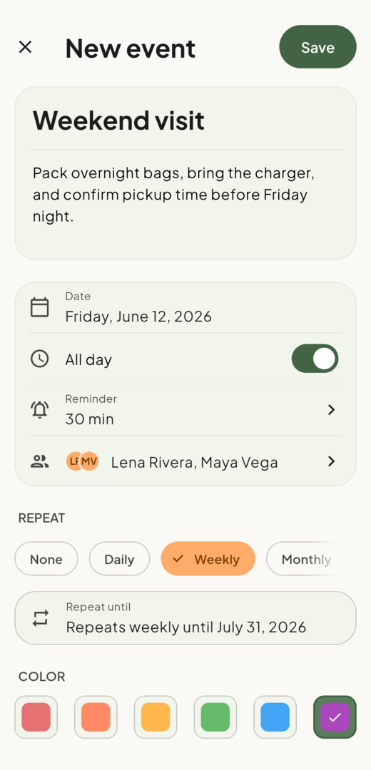 Cotempo event creation screen showing title, description, all-day setting, reminder, assignees, weekly repeat, and color choice.
