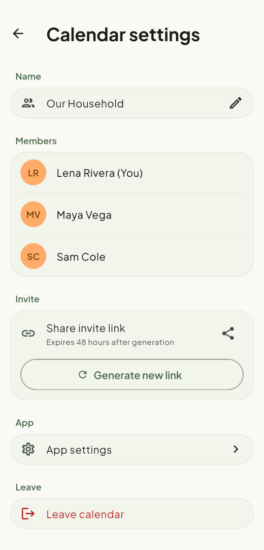 Cotempo calendar settings screen showing members and a private invite link that expires after 48 hours.