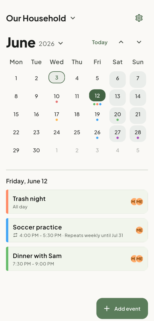Cotempo month view showing a June calendar with selected day, event color dots, and shared agenda items.